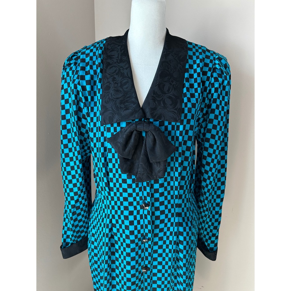 Adrianna Papell 80s 90s Silk Checkerboard Dress Teal Black Bow Vintage Size 14 - Picture 2 of 8